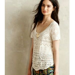 Anthropologie • Ivory Scoop Neck Embroidered Top